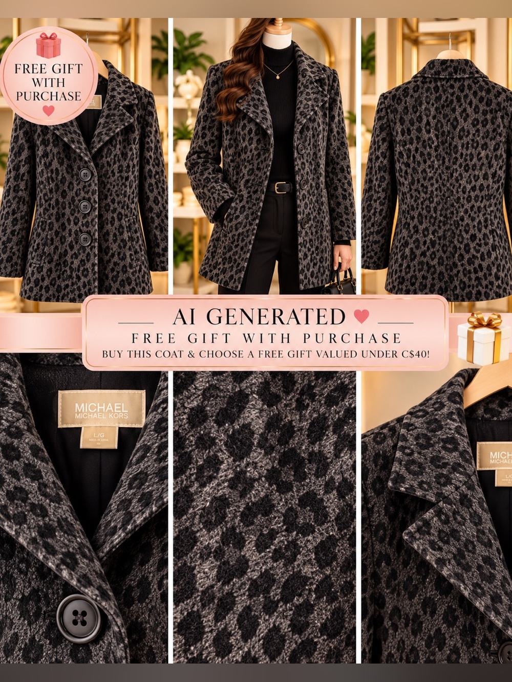 Michael Kors Gray Black Leopard-Print Pea Coat